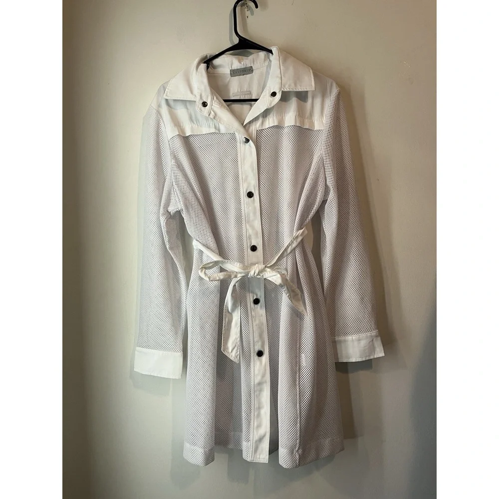 Anatomie Mesh White Trench Coat Belted Size 12 Snap Closure Designer‎ Chic